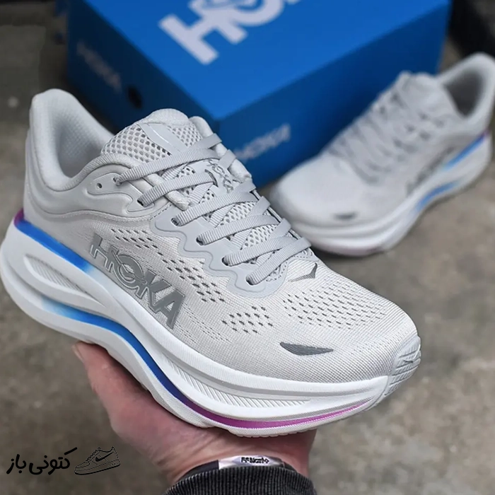 hoka-bondi-9-cosmic-grey-white-mesh-1162012-cywh کتونی خارجی زنانه هوکا باندی 9 طوسی سفید رنگی Hoka Bondi 9 Cosmic Grey White Mesh 1162012-CYWH - Image 1